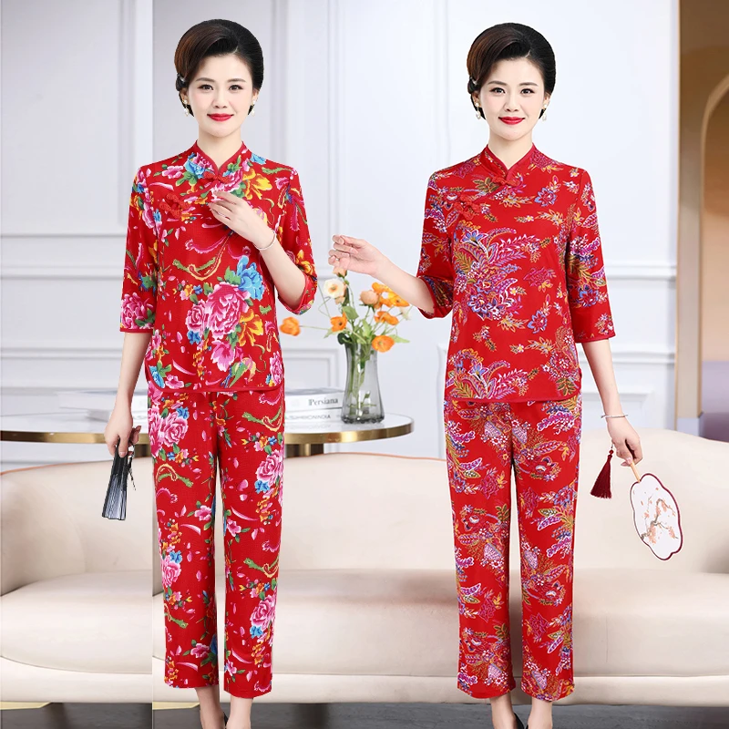 夏季东北大花碎花中年妈妈装网红时尚印花休闲大码民族风弹力套装