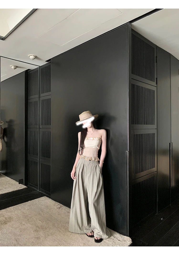 ML 5384复古条纹老钱风修身V领马甲背心+褶皱设计垂感休闲裤套装