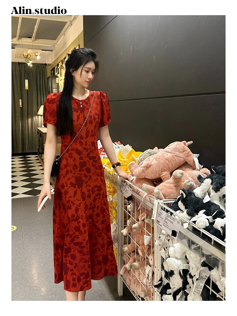 【红色】（有纽扣）优雅斜裁油画花卉连衣裙收腰显瘦法式复古碎花裙