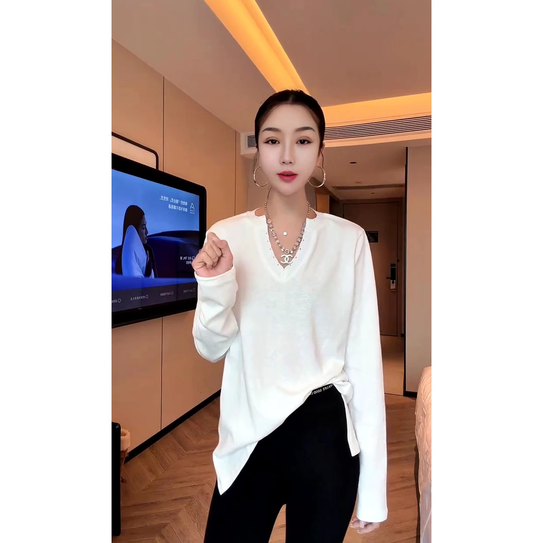 韩版潮牌新款净版小破洞设计感V领慵懒长袖T恤长袖打底