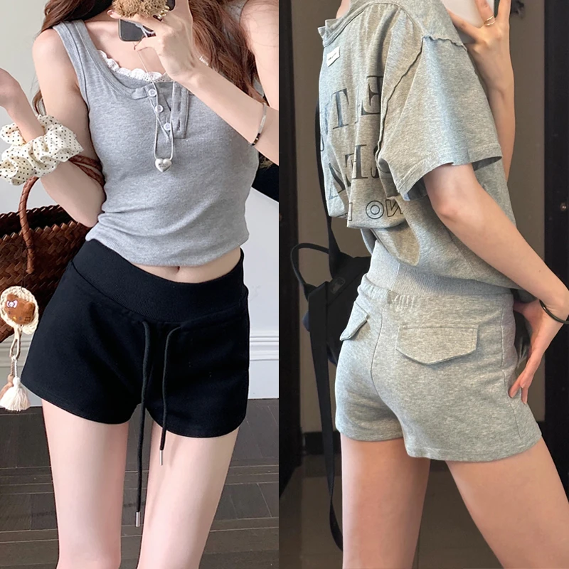 孕妇抽绳短裤女夏季灰色百搭包臀休闲直筒裤薄款显瘦打底运动热裤