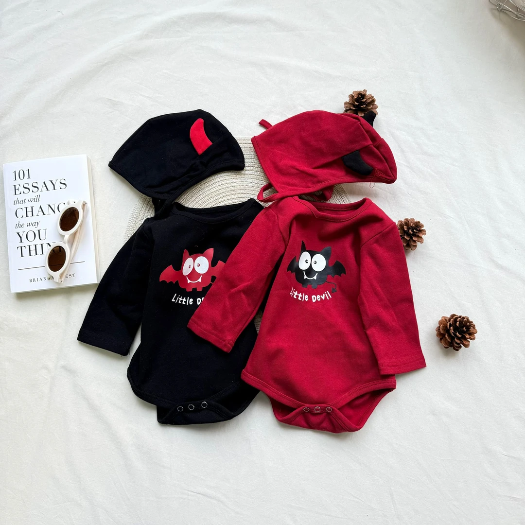 春秋韩版长袖儿童连体衣ins款万圣节系列小恶魔蝙蝠印花包屁衣