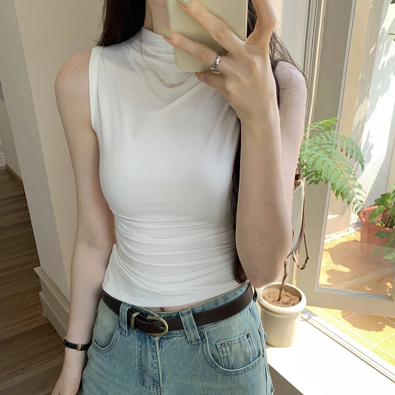 实拍图半高领无袖T恤女夏季新款辣妹小众褶皱修身小背心短款上衣