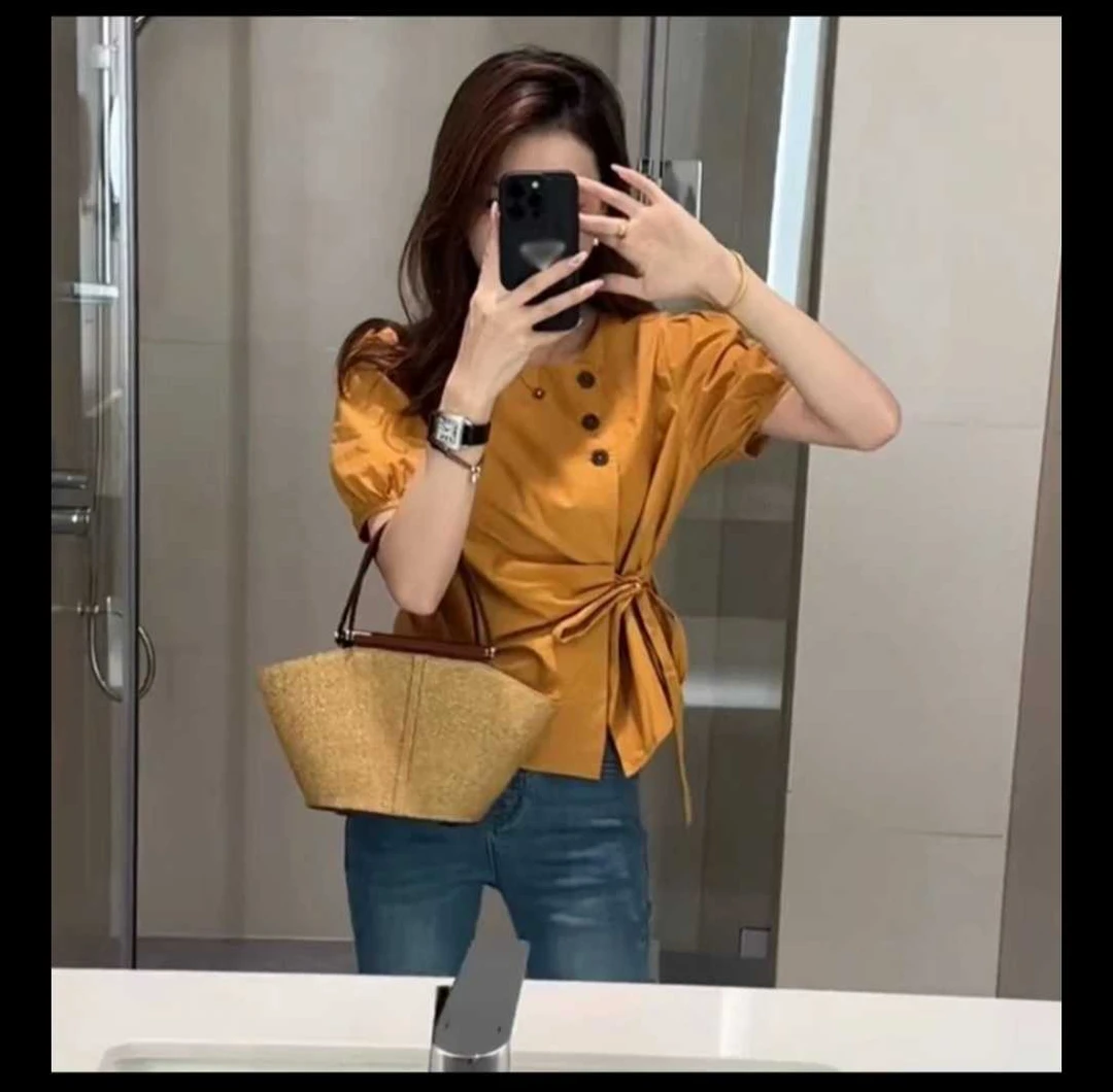 小衫夏装系带褶皱衬衣三颗扣泡泡袖衬衫