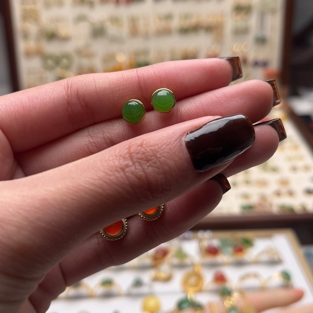 和田玉银S925镀金镶嵌耳饰