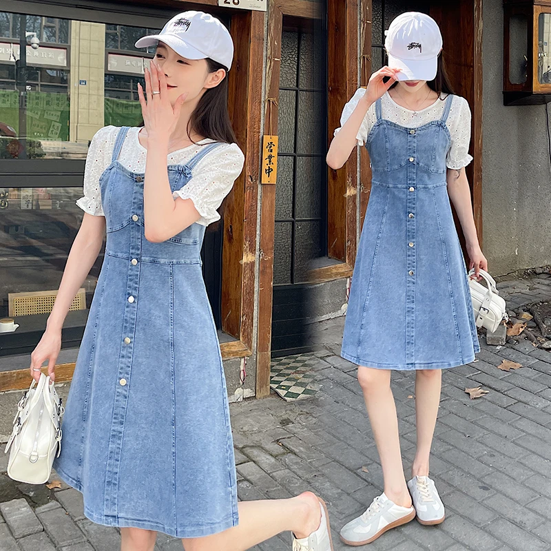 大码设计感拼接假二件花边宽松牛仔裙时尚减龄牛仔背带连衣裙8863