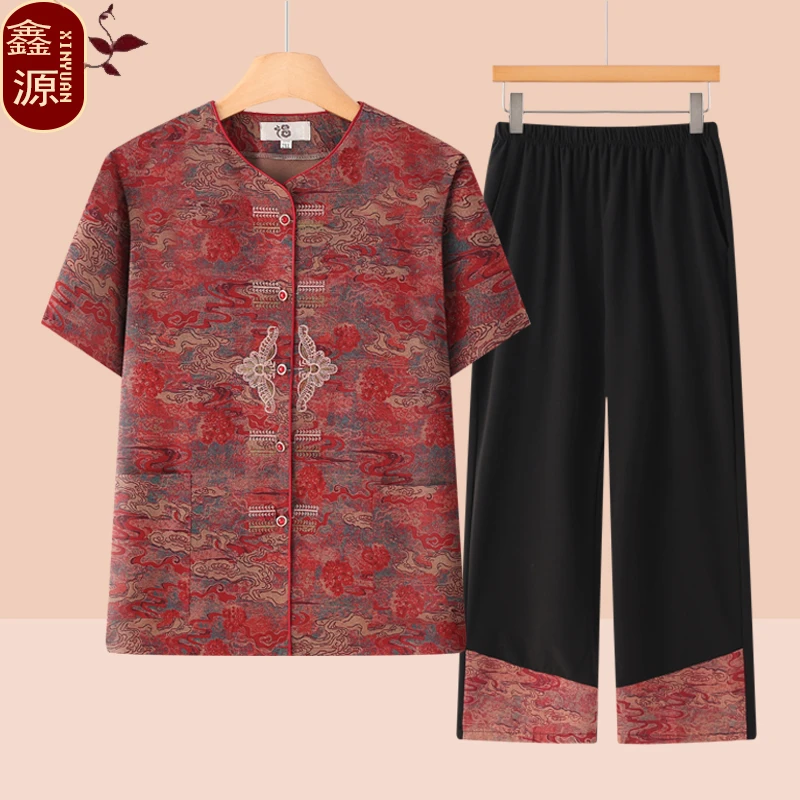 喜奶奶装春装衬衫薄款短袖上衣妈妈新国风圆领套装老年人夏季套装