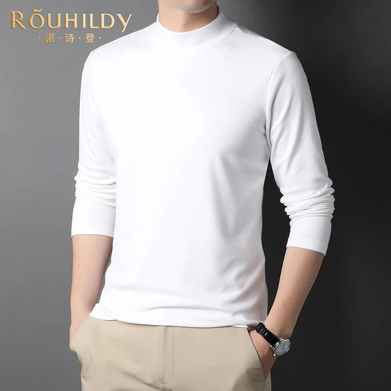 Rouhildy高圆领长袖t恤春秋季厚款纯色打底衫高端男士休闲体恤