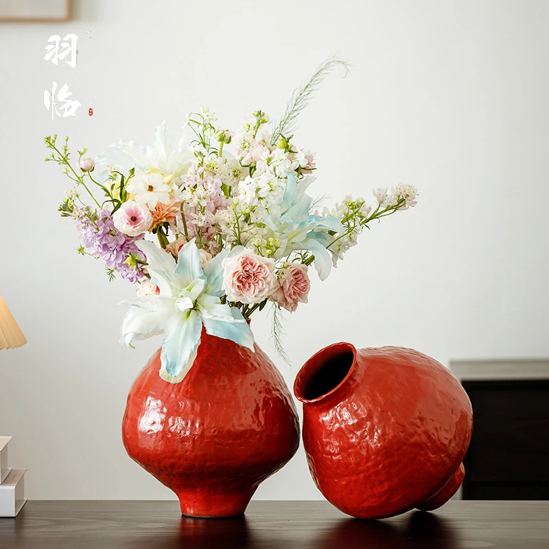 景德镇新中式陶瓷红色花瓶客厅插花中国红喜庆餐桌养鲜花台面陶罐