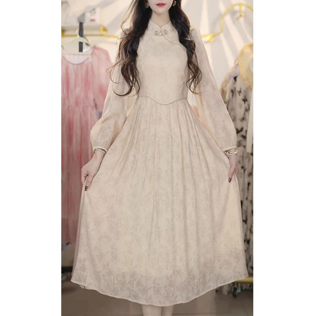 L156气质长袖连衣裙夏季新款复古减龄流光收腰时尚洋气中长款裙