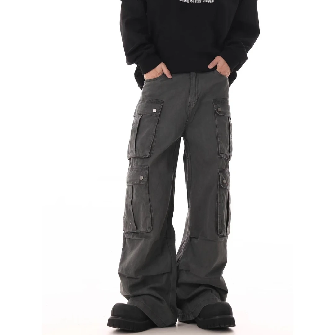 美式复古高级牛仔裤男秋冬新款vibe风设计感水洗多口袋工装直筒裤