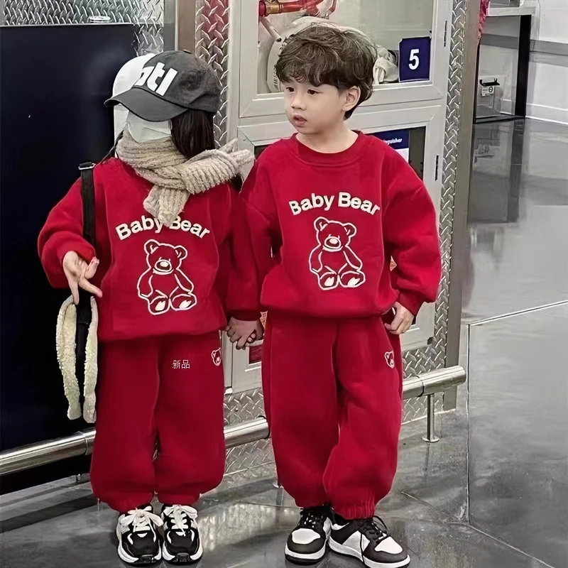 38111儿童洋气加绒冬季拜年服休闲保暖冬款红色小童套装