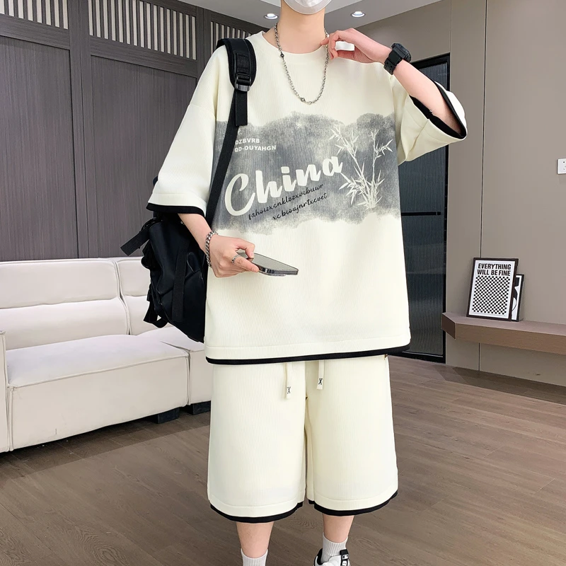 潮森罗短袖圆领夏季珠地休闲运动套装百搭潮流假两件男生运动休闲