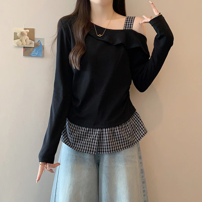 设计感斜领拼接格纹露肩长袖T恤女2025秋季新款显瘦减龄洋气上衣