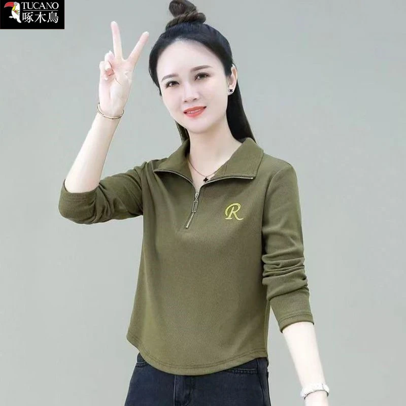 啄木鸟翻领长袖女半拉链短款T恤打底衫秋季新款显瘦纯色刺绣上衣