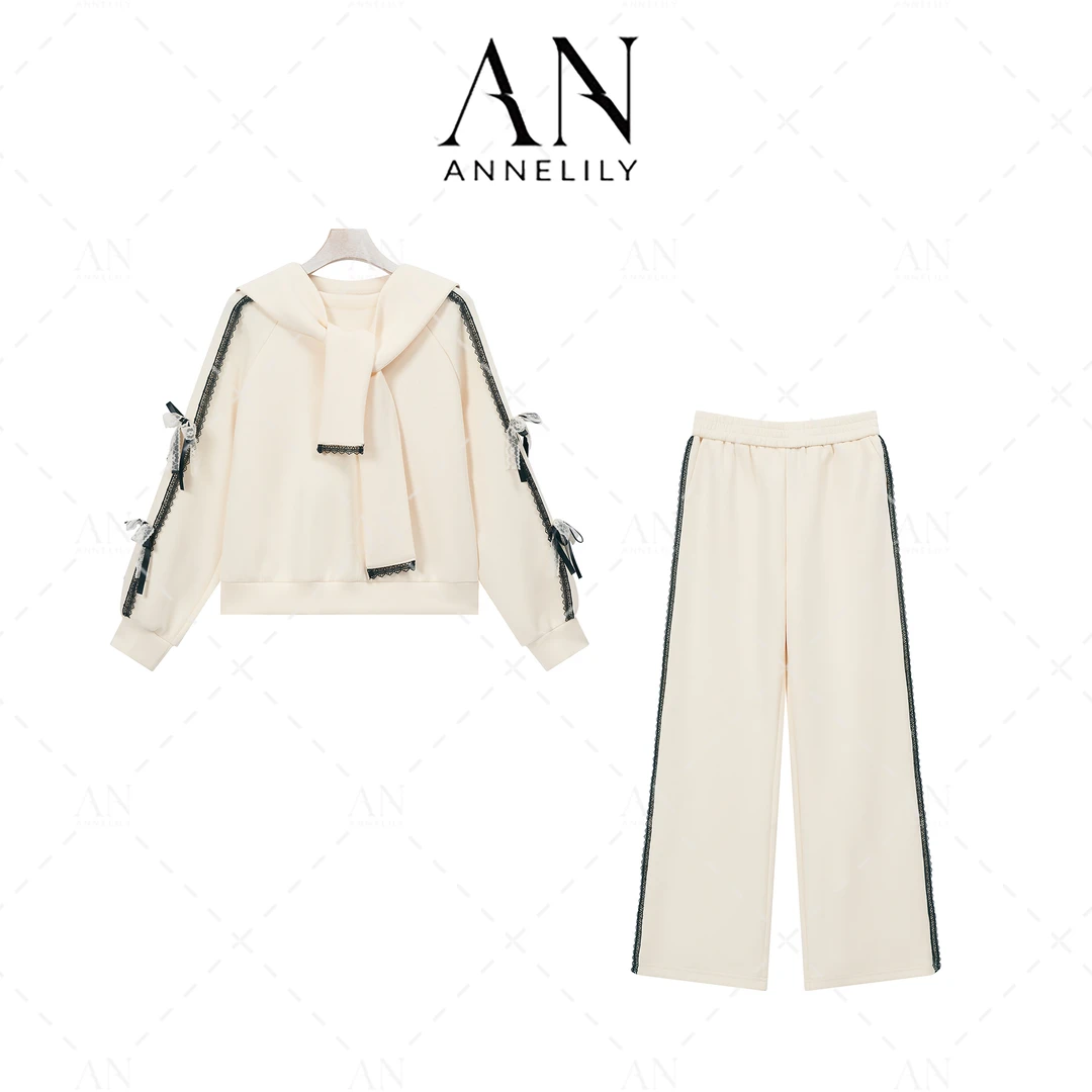 ANNELILY【雨沫-甜】新款上新设计感休闲百搭时尚长裤套装AT2502059
