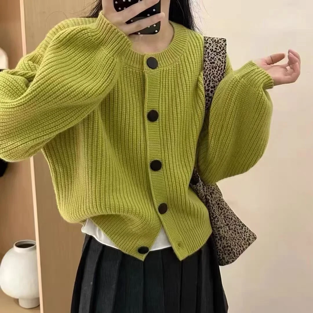 减龄韩系简约纯色圆领长袖针织开衫女秋冬宽松慵懒风针织衫上衣