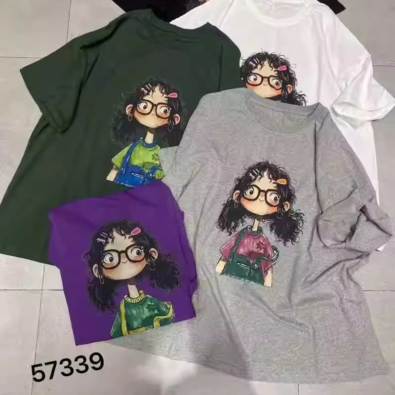 TY57339印花纯棉短袖T恤女韩版休闲宽松大码2025夏季新款百搭洋气