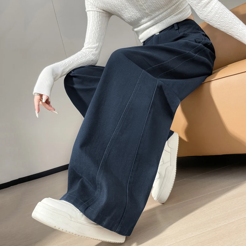 纯棉藏蓝色弯刀阔腿裤女2025秋冬厚款高腰宽松显瘦窄版直筒香蕉裤