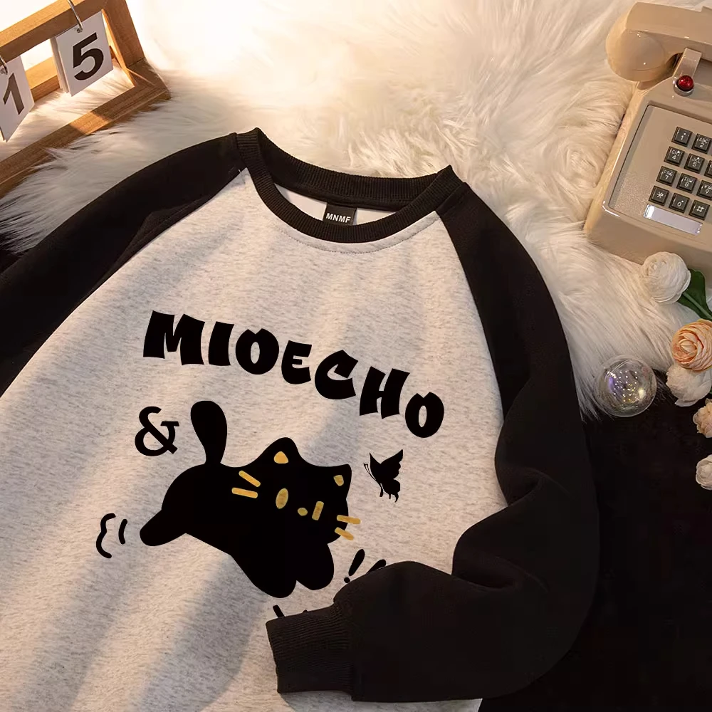 大码300斤可爱小猫撞色卡通插肩袖男女秋冬宽松韩版圆领休闲卫衣