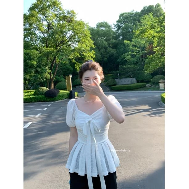 路人仙子自制【云上手书】韩系蝴蝶收腰结系带夏季泡泡袖上衣JX109