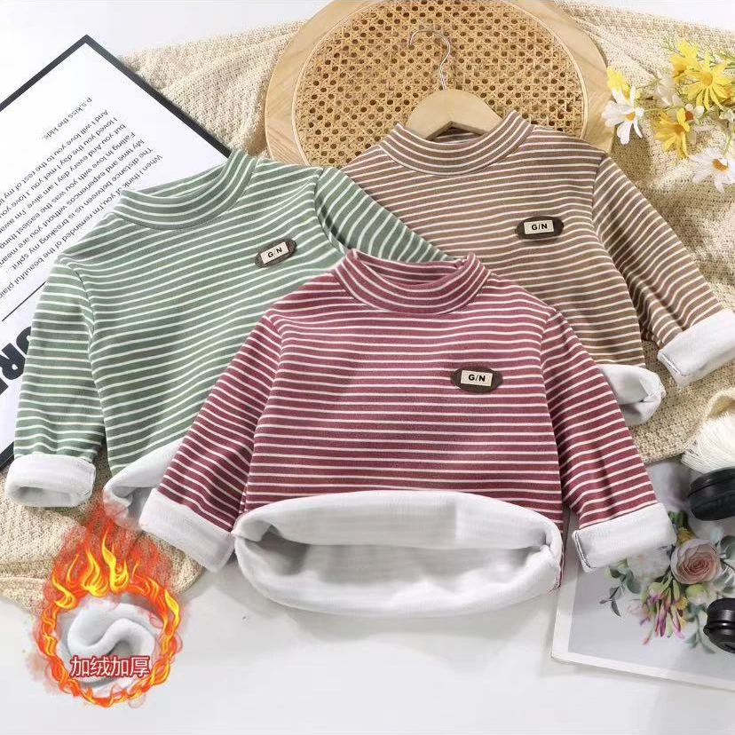 男童秋冬季条纹胸前贴标字母GN款打底衫