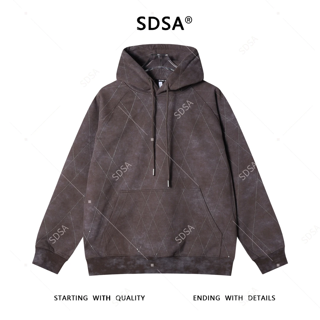 SDSA男士秋冬新款痞帅男装韩版扎染滴胶线条菱形抽绳连帽卫衣百搭