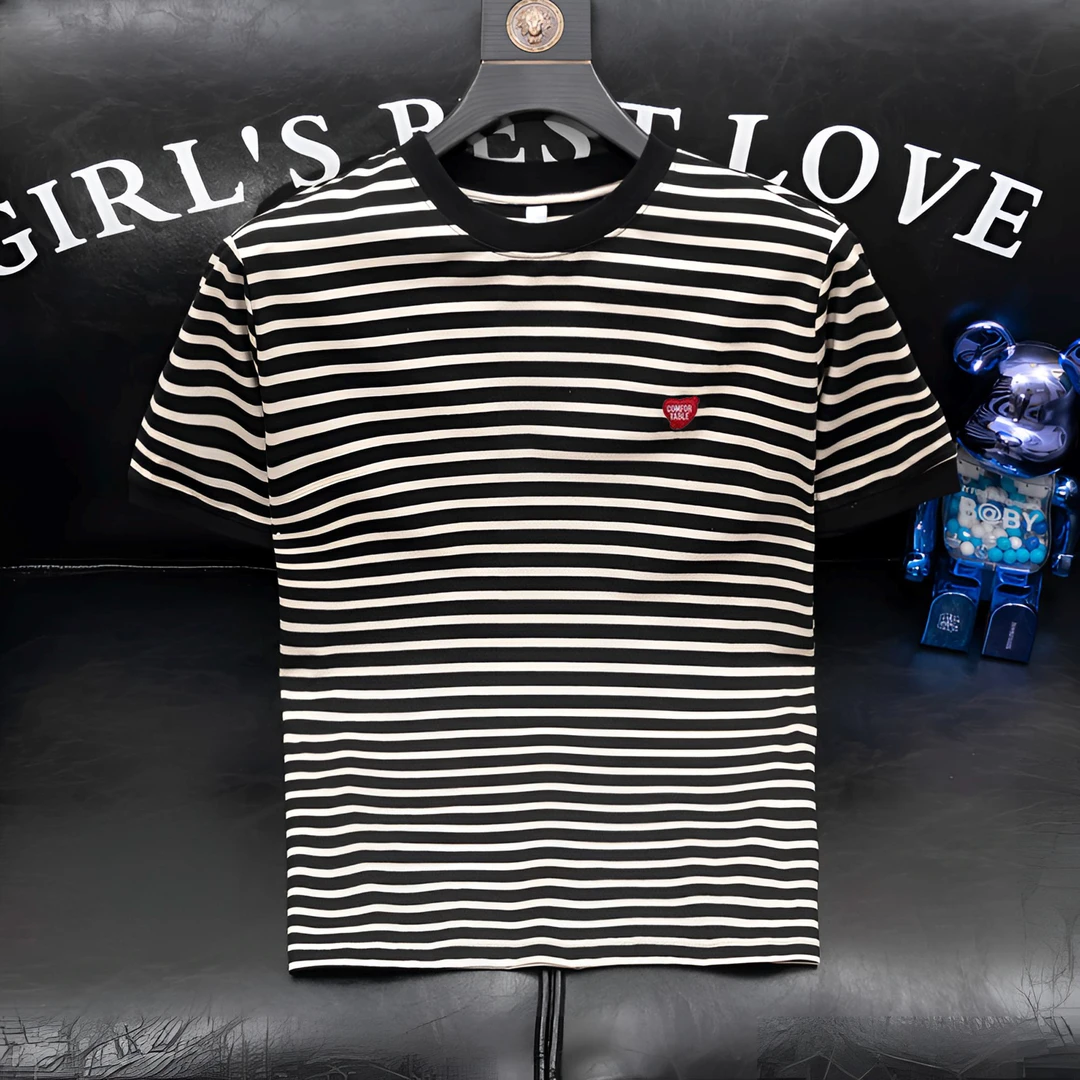 欧货夏季时尚新款刺绣条纹短袖百搭帅气休闲男士圆领T恤半袖上衣