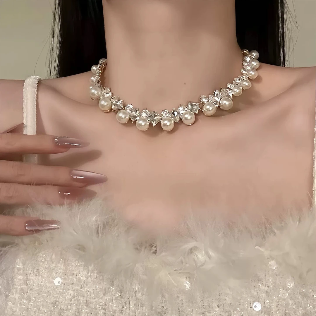 非金属仿珍珠吊坠 【华尔兹纪】轻奢高级感闪锆珍珠项链晚礼服颈链