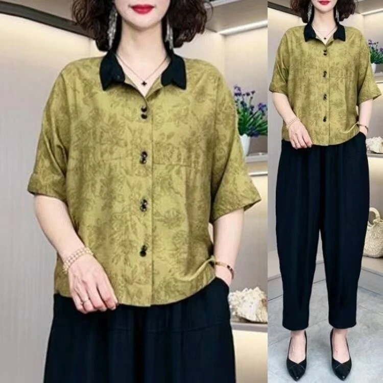 衬衣洋气夏季时尚中老年女装常规款妈妈装女装小衫纽扣大码055