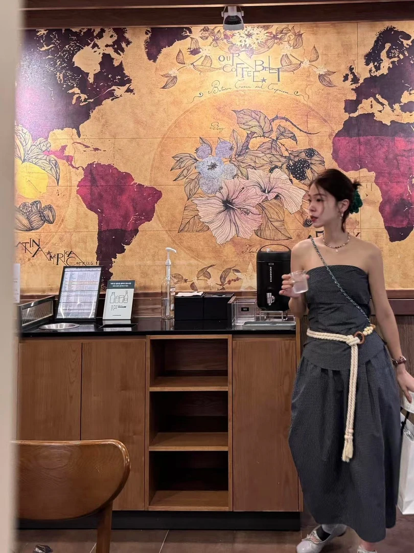 韩系气质一整套ootd穿搭温柔高知风蓝色格纹抹胸半身裙套装女夏季