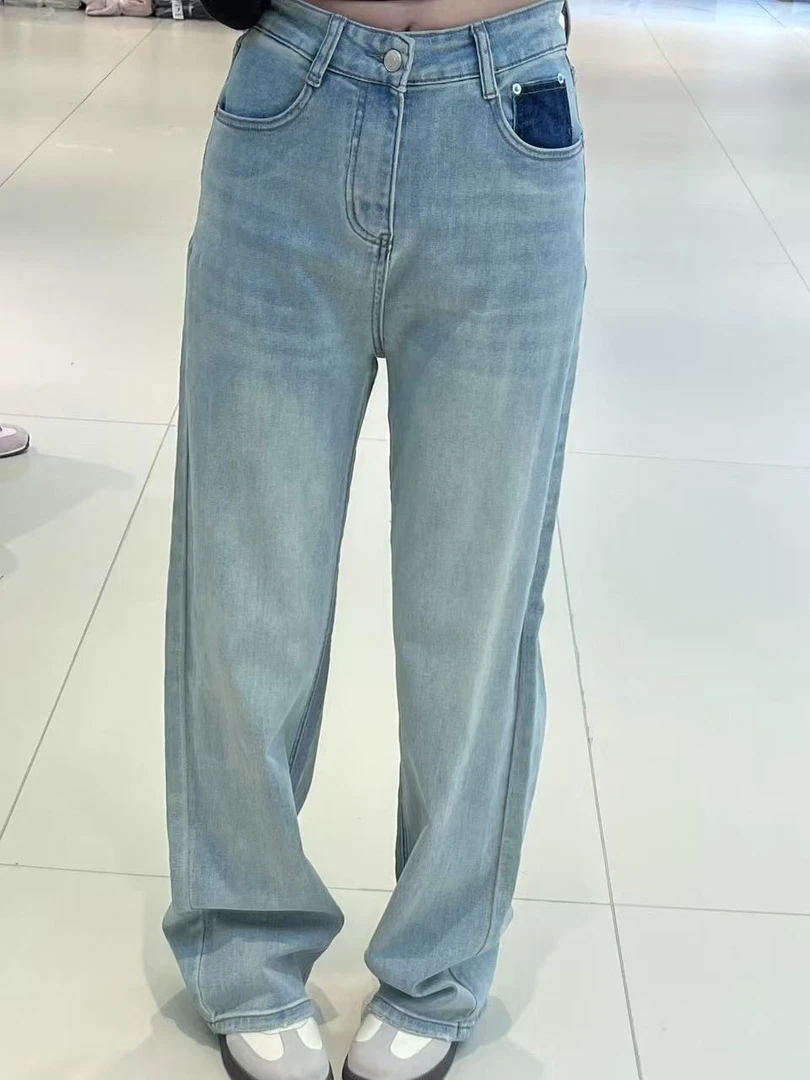 九龙服装】时尚牛仔蓝阔腿裤高腰显瘦直筒设计感牛仔裤