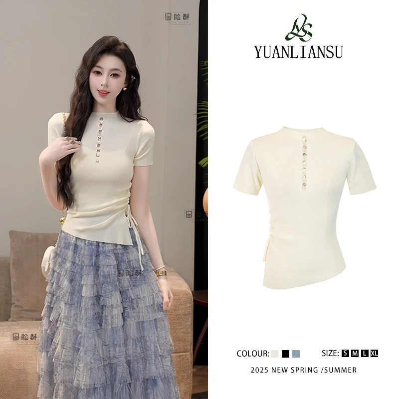 YUANLIANSU/圆脸酥【山茶梦】法式设计感小众镂空气质针织短袖上衣