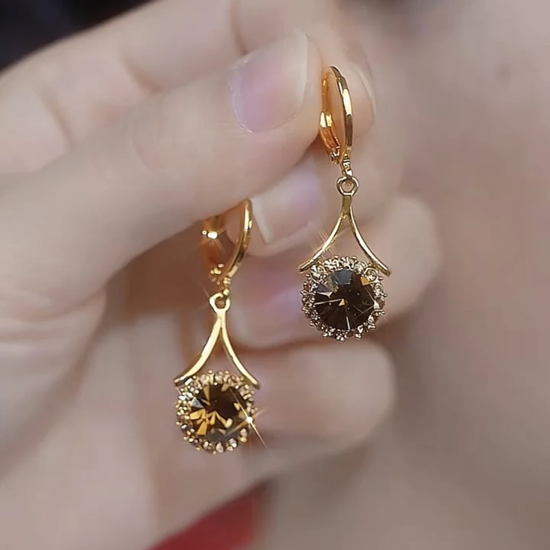 铜合金合成锆石耳饰 【金碧辉煌】气质百搭时尚咖色耳扣流苏耳环