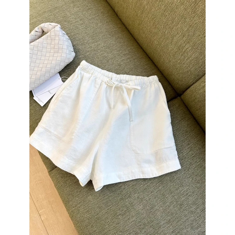 春夏必入单品!推荐柔软舒适松紧腰系带白色棉麻短裤