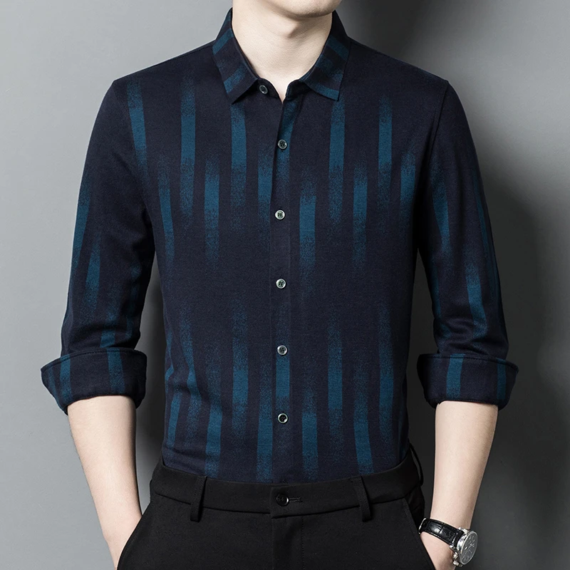 春秋季男士长袖T恤衬衫中青年时尚潮流方领修身上衣男装新品爆款