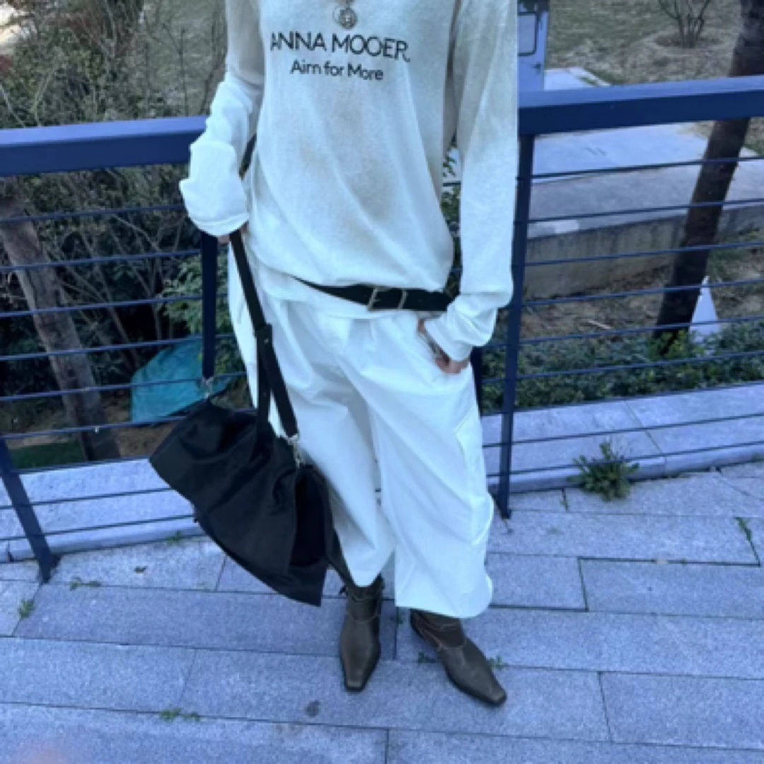 ANNAMOOER白色皮带工装裤