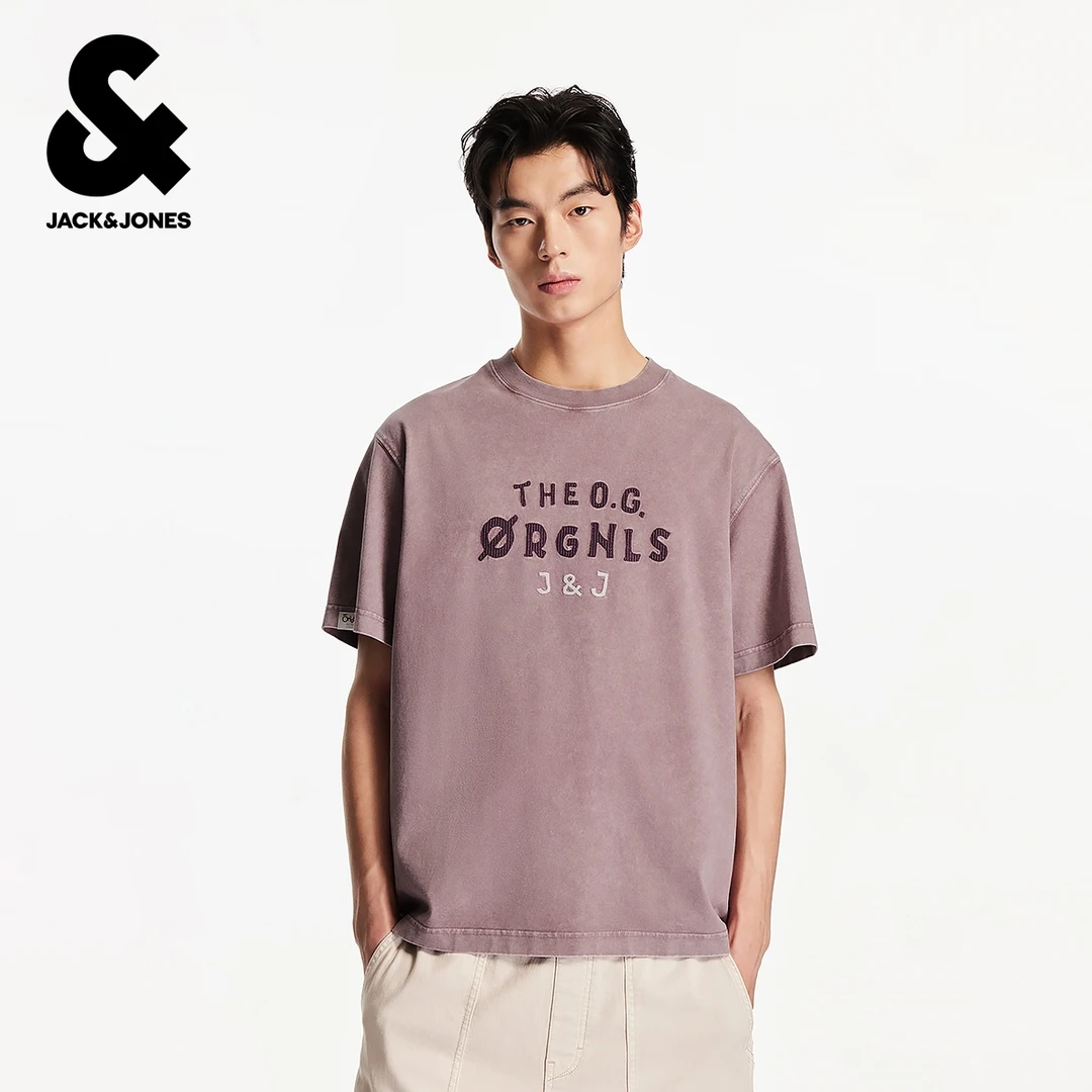 杰克琼斯男装秋季新款纯棉字母刺绣水洗做旧日常休闲百搭短袖T恤