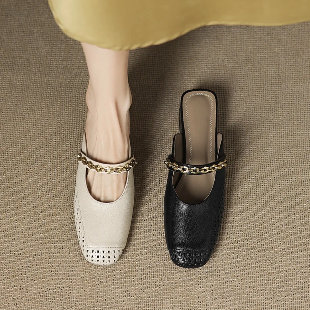 3cm春夏新款真皮粗跟包头半拖鞋女百搭羊皮中跟懒人拖