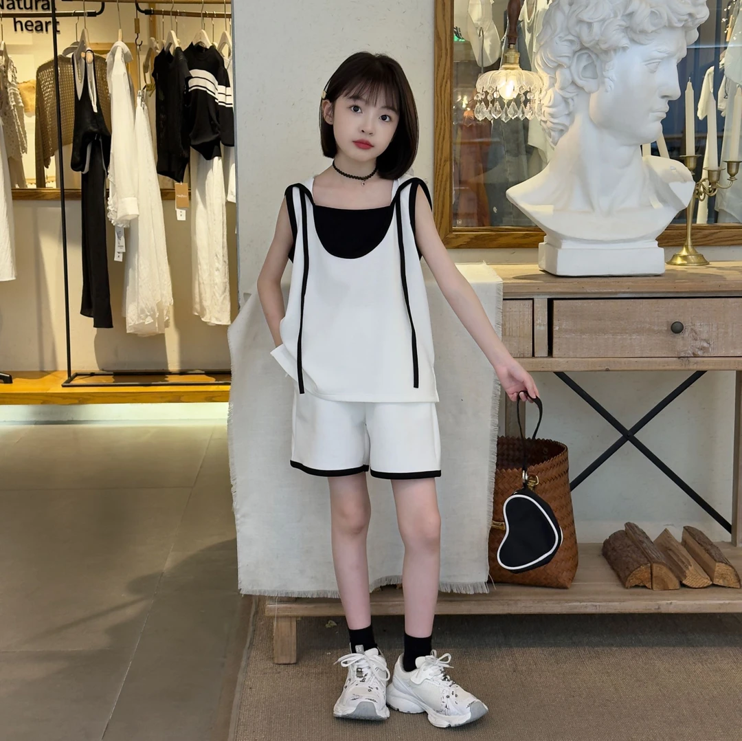 女童夏装假两件套装2025新款儿童连帽无袖运动上衣洋气短裤两件套