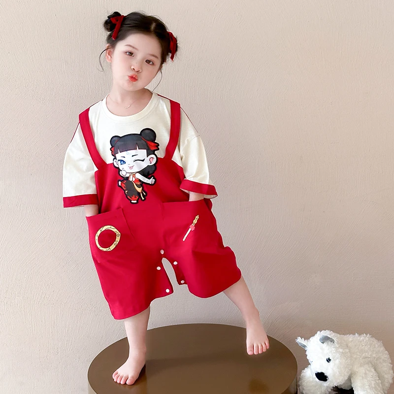 哪吒儿童连体睡衣夏季女童薄款短袖家居服休闲洋气宝宝卡通睡袋