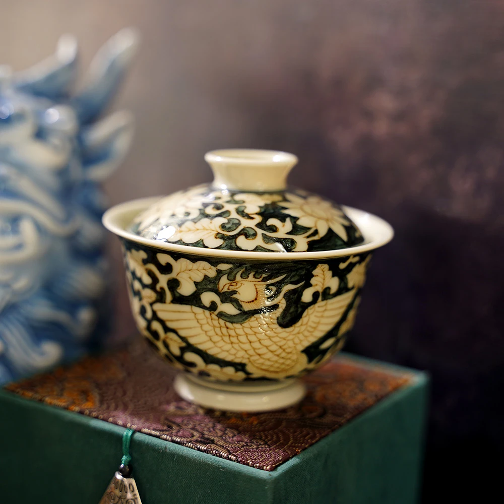 JM060景德镇窑口手绘复古青花二号釉里金麒麟追凤盖碗-130毫升