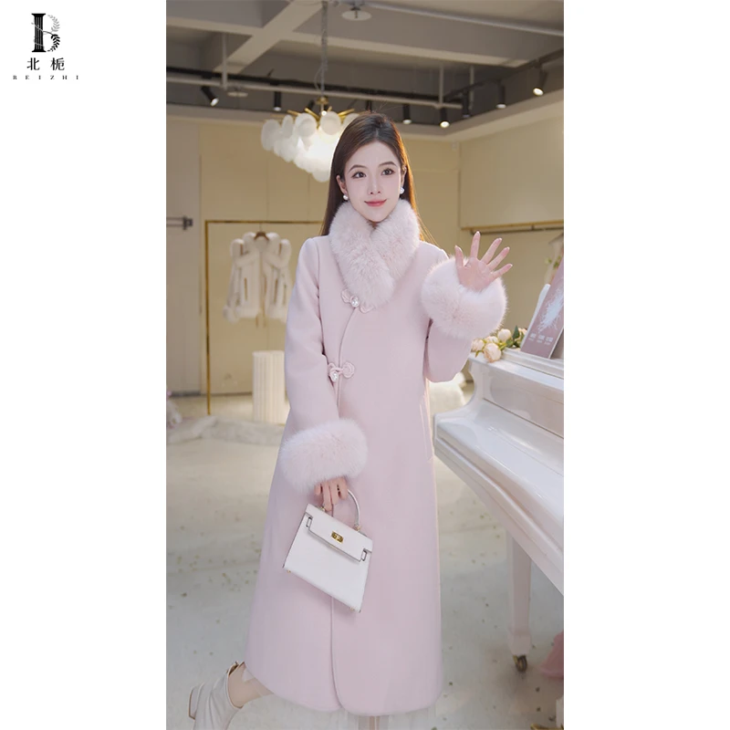 【北栀】【玫瑰佳人】新中式正肩狐狸毛盘扣羊毛羽绒服大衣811208