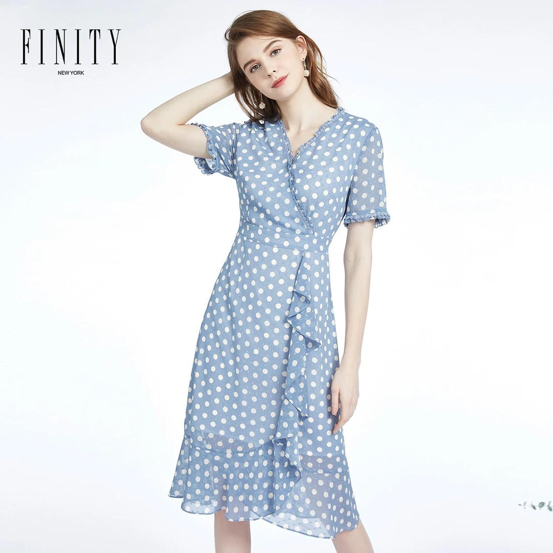 【专属】FINITY 夏季新款蓝色印花连衣裙法式显瘦 F21TC8231L