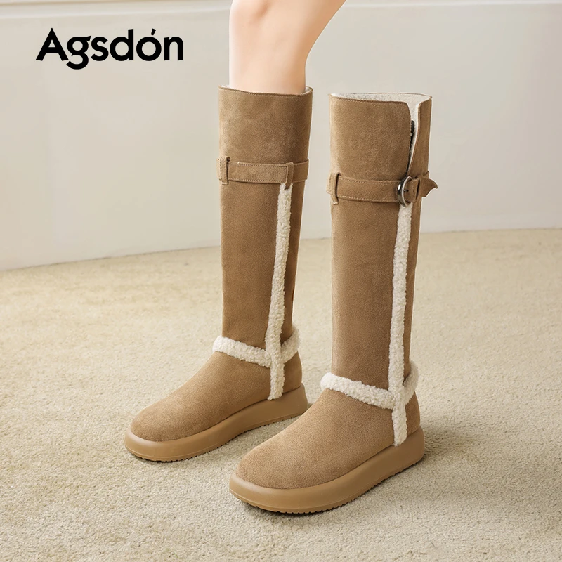 奥古狮登厚底羊羔长筒靴女2025冬季加绒加厚雪地靴保暖高筒棉鞋子