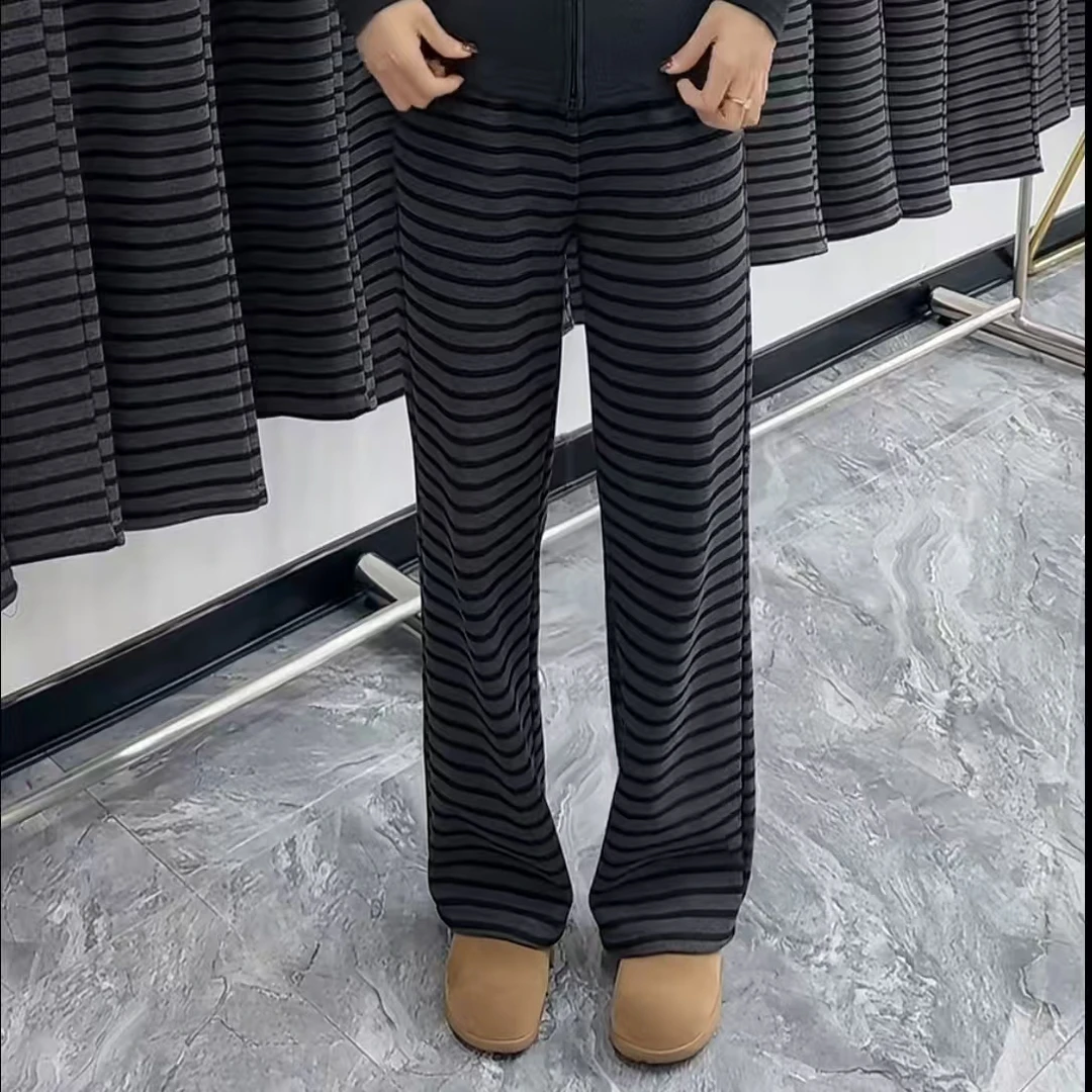 晨网红爆款条纹加绒加厚窄版时尚休闲百搭宽松显瘦高腰阔腿裤