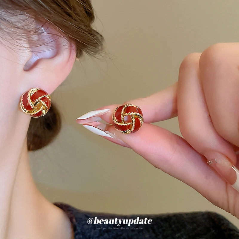 合金耳饰 滴油圆形交叉麻花纹路耳钉法式复古气质耳环时尚