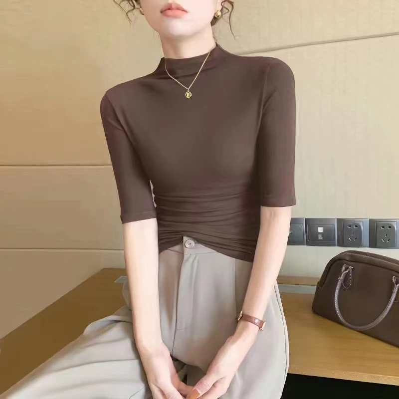 咖色莫代尔中袖t恤半高领打底衫女内搭秋冬2025新款五七分袖上衣