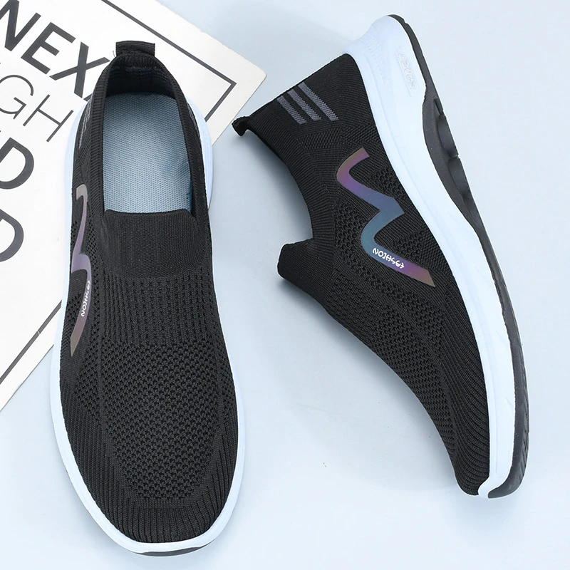 鞋子男2025春季新款飞织透气袜子鞋中老年休闲健步鞋男一脚蹬单鞋
