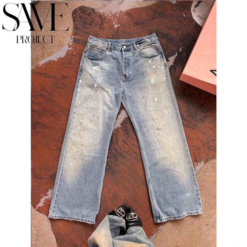 SamePro AC家「25春夏阔腿涂绘泼墨做旧显瘦高腰天际蓝做旧牛仔裤」